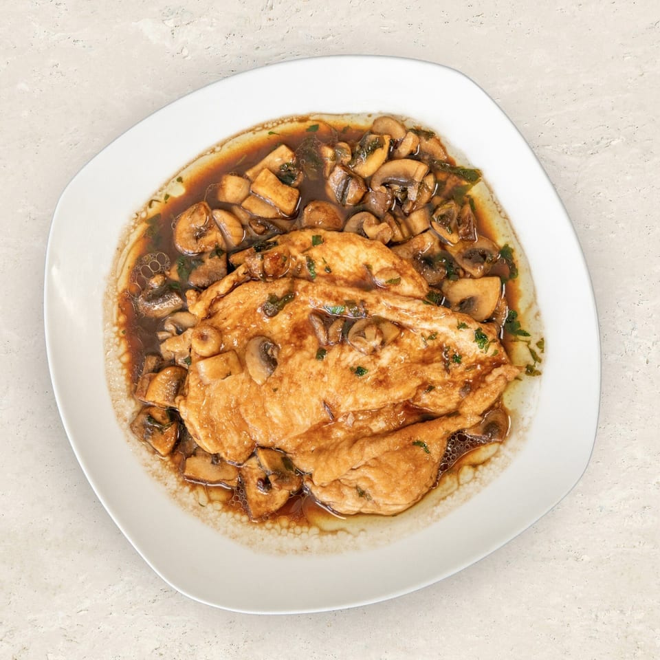 Chicken cutlets in a rich brown sauce with sliced mushrooms and herbs on a white plate.